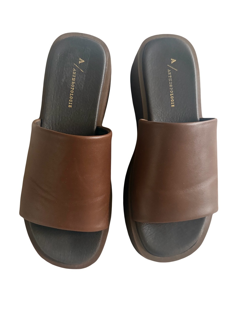 Anthropologie brown chocolate leather  platform slides sandals  Y2K 39  8.5